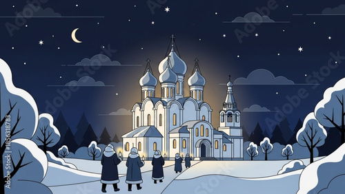 A group of people walking towards a white church with domes on a snowy night under a starry sky with a crescent moon