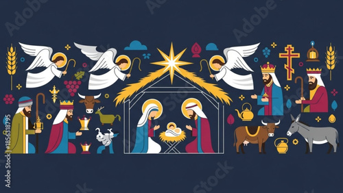 Nativity scene with holy family, angels, kings, donkey, ox, star of bethlehem, and manger on dark background, colorful illustration