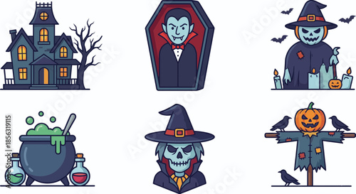 Halloween Icon Set Cute Spooky Cartoon Ghost Pumpkin Witch Illustration