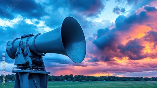 Large industrial siren unit mounted high against a dramatic sky with colorful sunset clouds and a distant treeline over a grassy field