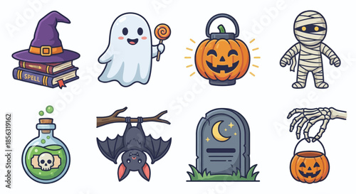 Halloween Icon Set Cute Spooky Cartoon Ghost Pumpkin Witch Illustration