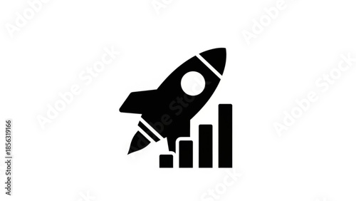 A rocket launching upward beside a bar graph showing increasing trends