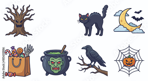 Halloween Icon Set Cute Spooky Cartoon Ghost Pumpkin Witch Illustration