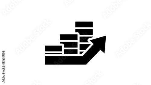 A simple black and white graphic illustration of a rising graph with an upward arrow indicating growth and progress