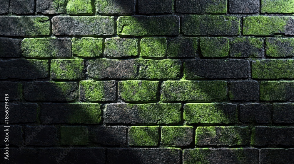 Naklejka premium Moss covered ancient brickwork wall with dappled sunlight and shadow