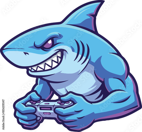 Muscular blue shark mascot playing video games with controller