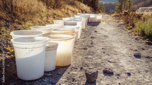 Rows of white plastic containers and buckets arranged outdoors on a gravel path alongside a hillside with trees and sunlight