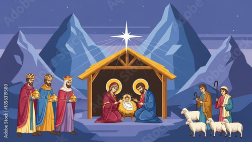 Nativity scene with holy family, three wise men, shepherds, and sheep under starry night sky with mountains, christmas and religion concept
