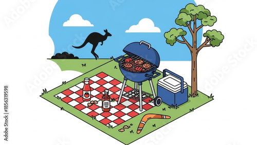 Kangaroo watches barbecue picnic with grill, cooler, tree, checkered mat, bottles, hot dog, and snacks on green grass under blue sky with clouds