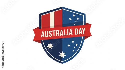 Australia day shield logo with red banner and white stars on blue and red background, symbolizing national pride and celebration