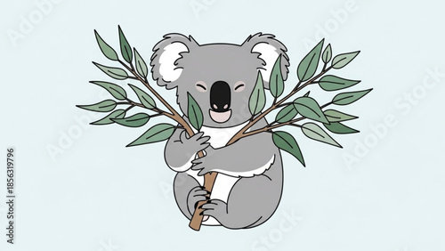A cute cartoon koala bear holding eucalyptus leaves on a branch smiling sweetly on a light green background