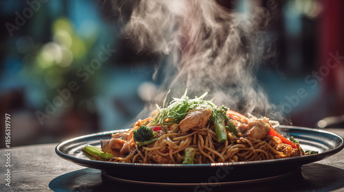 Wallpaper Mural Delicious steaming stir-fried noodles served in a wooden bowl with vegetables Torontodigital.ca