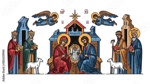 Nativity scene with holy family, angels, shepherds, and kings, a traditional christmas illustration in a religious style, depicting the three wise men and their gifts