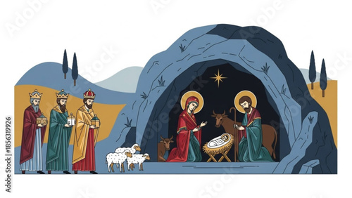 Nativity scene with three wise men, mary, joseph, jesus, sheep, donkey, and star in a cave