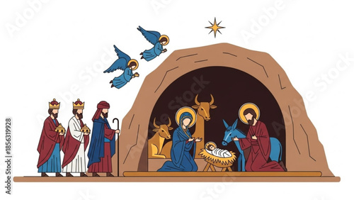 Nativity scene with holy family, three wise men, angels, and animals in a cave, christmas and religion concept