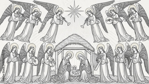 A detailed illustration of angels surrounding a nativity scene with a star shining above, depicting a serene and sacred moment in a traditional biblical setting