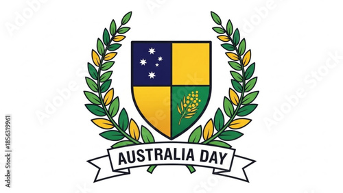 Australia day celebration emblem with shield and laurel wreath on white background