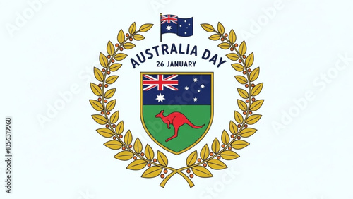 Australia day logo with kangaroo shield and laurel wreath on white background, symbolizing national pride and celebration on january 26th