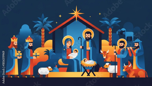 Nativity scene with holy family, three wise men, shepherds, animals, and manger in a vibrant, stylized illustration, christmas and religion concept