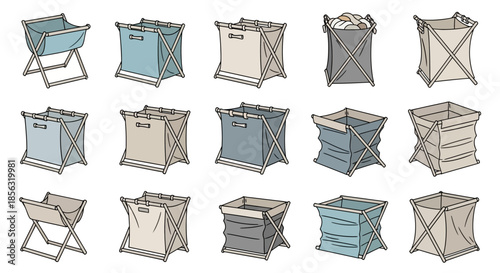 A collection of various laundry hampers and baskets in different styles and colors.