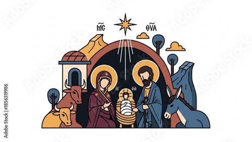 Nativity scene with holy family, mary, joseph, jesus, donkey, ox, star of bethlehem, in a colorful illustration