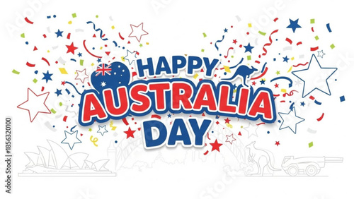 Happy australia day celebration with colorful confetti and stars on white background, kangaroo and heart with australian flag