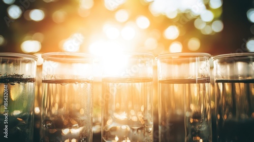Three clear glasses of water filled with ice cubes illuminated by bright golden sunlight with a soft bokeh background