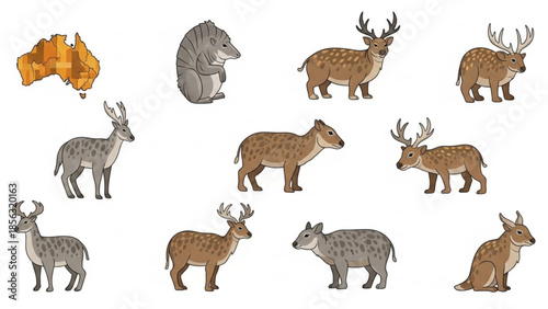 Australian wildlife animals, illustrations of various deer and native species, map of australia, marsupial, exotic wildlife, endangered species, conservation, wildlife