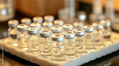 Transparent glass vials filled with clear liquid arranged in a medical tray ready for laboratory use