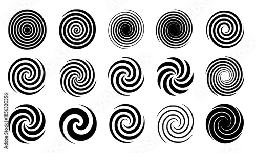 Abstract black and white spiral swirl collection, optical illusion vortex patterns, circular hypnotic spiral shapes, geometric rotation symbols, minimal monochrome spiral design set