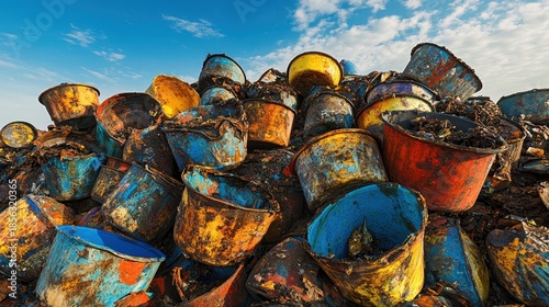 Piles of used cooking oil containers some dented and dirty under a blue sky