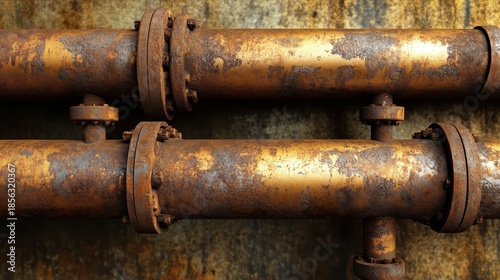 Two rusty copper pipes with flanges and bolts show industrial decay and weathered texture
