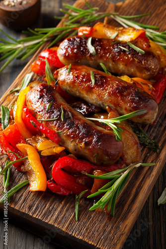 Wallpaper Mural Juicy grilled sausages with colorful peppers on a wooden platter Torontodigital.ca