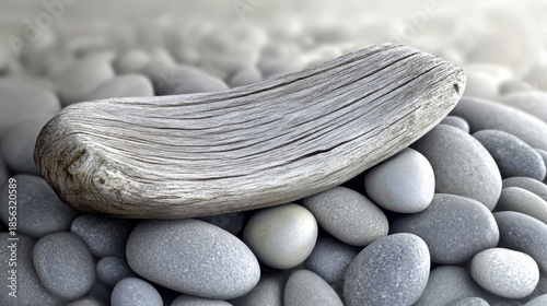 Weathered driftwood rests on smooth gray stones on a serene beach