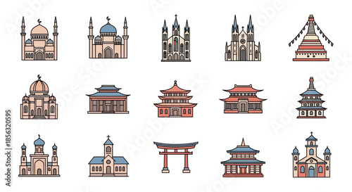 A collection of colorful outlined icons depicting various religious and cultural buildings and places of worship from different architectural styles worldwide.