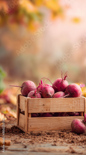 Wallpaper Mural Freshly harvested beets in a wooden crate on a sunny autumn evening Torontodigital.ca