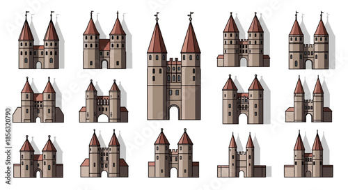 Collection of various cartoon medieval castles and fortresses with red roofs and towers, isolated on a white background.