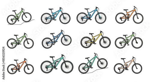 A collection of twelve illustrated mountain bikes in various colors and styles on a white background, showcasing different designs.
