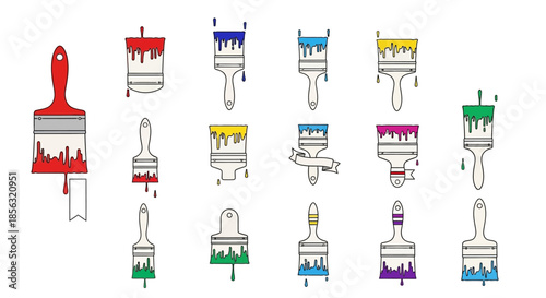 A collection of various paint brushes and paint cans with colorful dripping paint in a flat design style, perfect for creative projects.