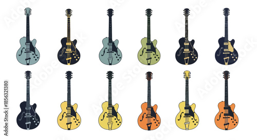 A grid of twelve hollow-body electric guitars in various colors and shades, arranged in two rows on a white background.