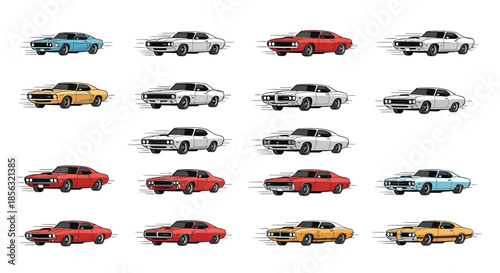 A collection of classic American muscle cars, specifically Pontiac GTOs, in various colors and states of motion, depicted in a grid on a white background.