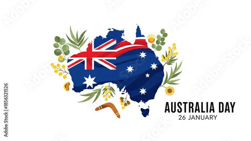 Australia day celebration with flag and floral elements on white background, symbolizing national pride and patriotism on january 26th