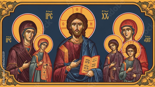 Iconic depiction of jesus christ surrounded by saints and biblical figures in traditional robes with golden halos on a dark blue background with ornate gold frame
