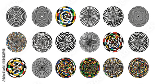 A grid of twenty-one diverse circular patterns, featuring intricate black and white geometric designs alongside colorful abstract mosaics and optical illusions.