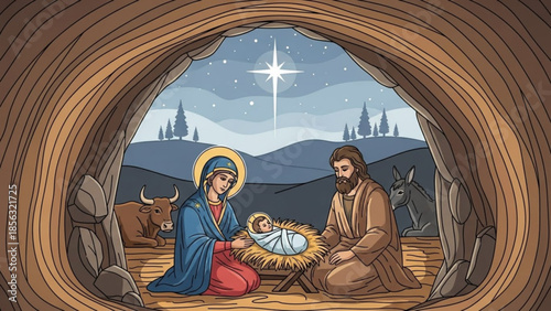 Nativity scene with mary, joseph, and baby jesus in a manger under a starry night sky with a donkey and ox, a serene christmas illustration
