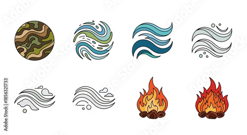 Collection of eight stylized icons representing the four classical elements: earth, water, air, and fire, in various artistic interpretations.