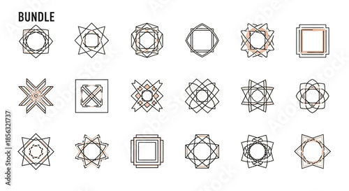 A bundle of intricate geometric line art designs featuring abstract shapes, stars, and squares, suitable for logos or decorative elements.