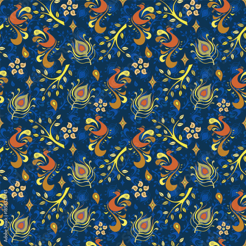 A colourful peacock seamless pattern with orange birds yellow leaves and floral elements on deep blue background in a folk art style for fabric, textile, wallpaper, wrapping paper and surface design