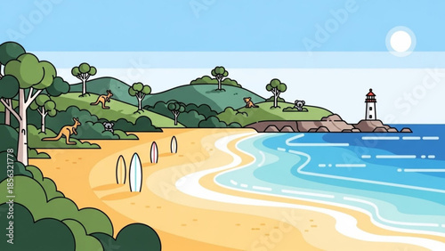 Kangaroos on a serene beach with surfboards, lighthouse and trees under a sunny sky