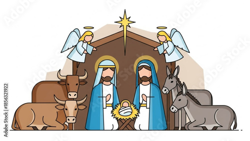 Nativity scene with mary, joseph, baby jesus, angels, donkey, ox, and manger, a traditional christmas religious illustration
